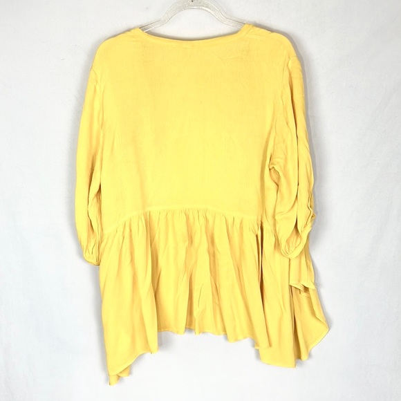 Goldenrod Yellow Crinkled Boho Lace Trim Loose Cardigan Style Top Blouse - Picture 2 of 7